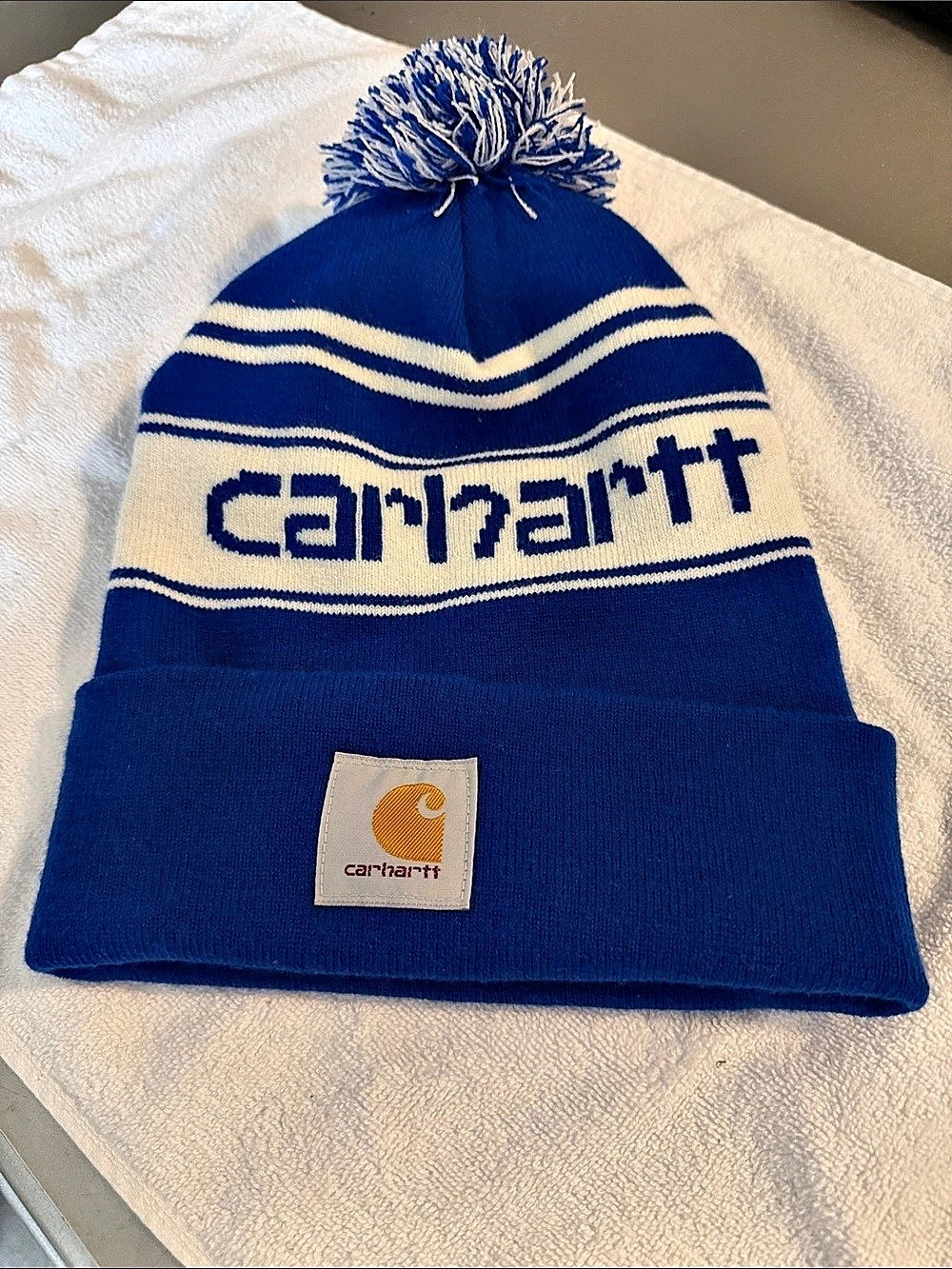 Carhartt Knit Pom-Pom Cuffed Logo Beanie Blue & White